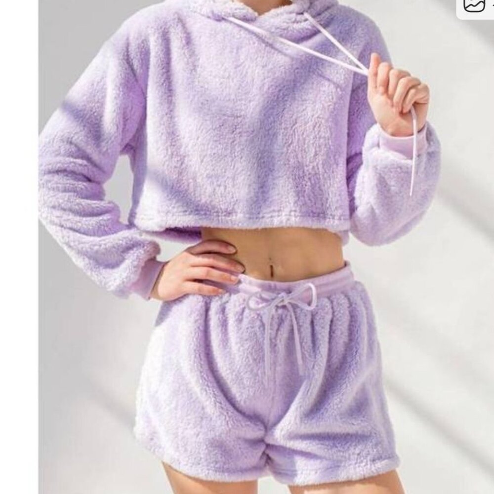 Papermoon Fuzzy Lounge 2 Piece Set With Cropped Hoodie and Shorts, Small